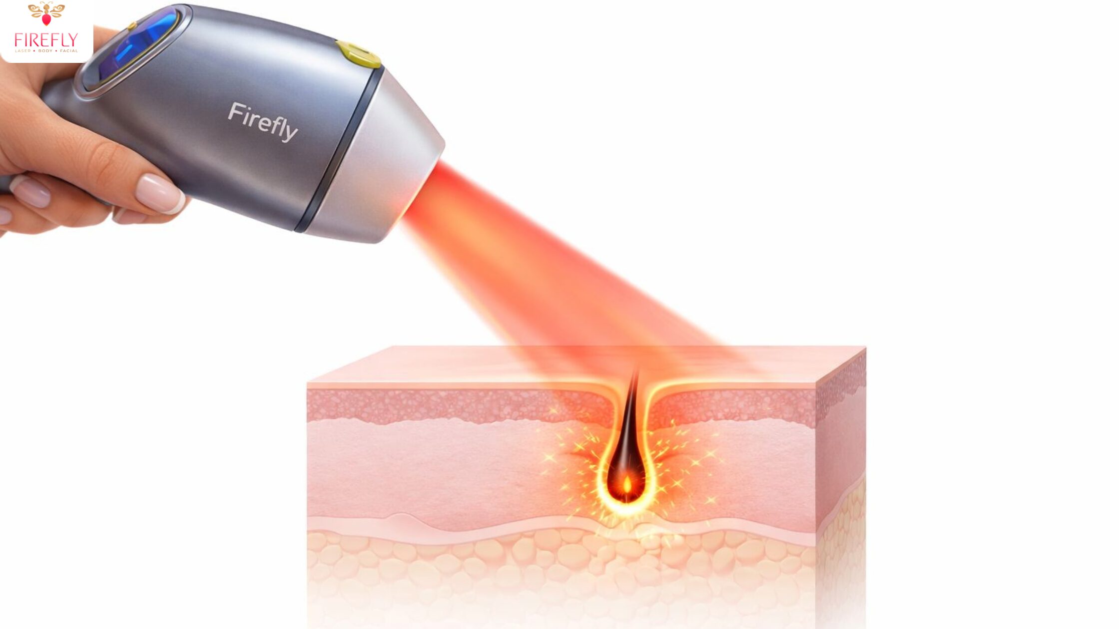 Illustration of laser hair removal technology targeting hair follicles beneath the skin