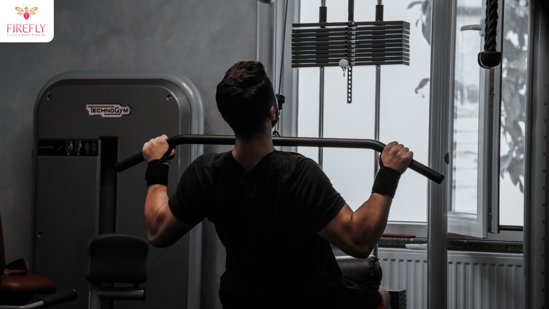 Man doing intense gym workout after facial treatment