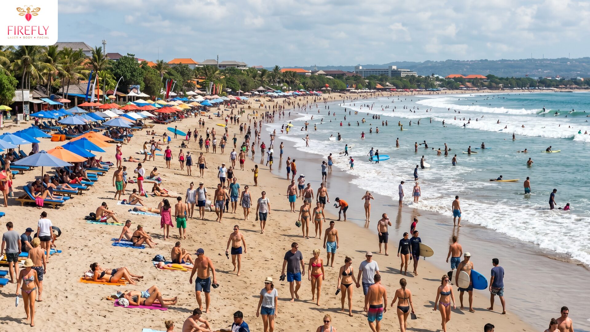 Crowded Bali beach under strong sun and humid tropical weatherCrowded Bali beach under strong sun and humid tropical weather