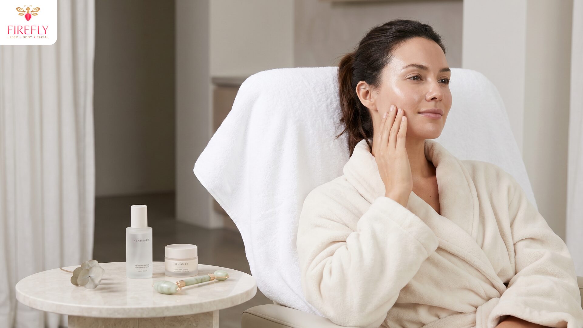 Woman applying gentle post facial skincare while relaxing in a robe after treatment