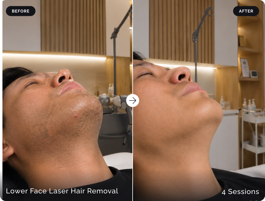 Before and after lower-face laser hair removal after four sessions at Firefly Canggu